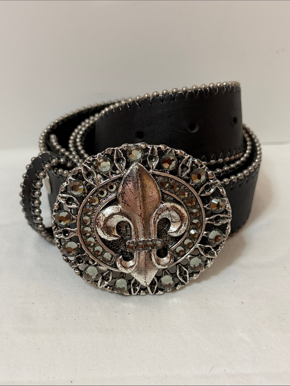 Leatherock Black Leather Belt with Rhinestone Fleur-de-Lis Buckle NWOT